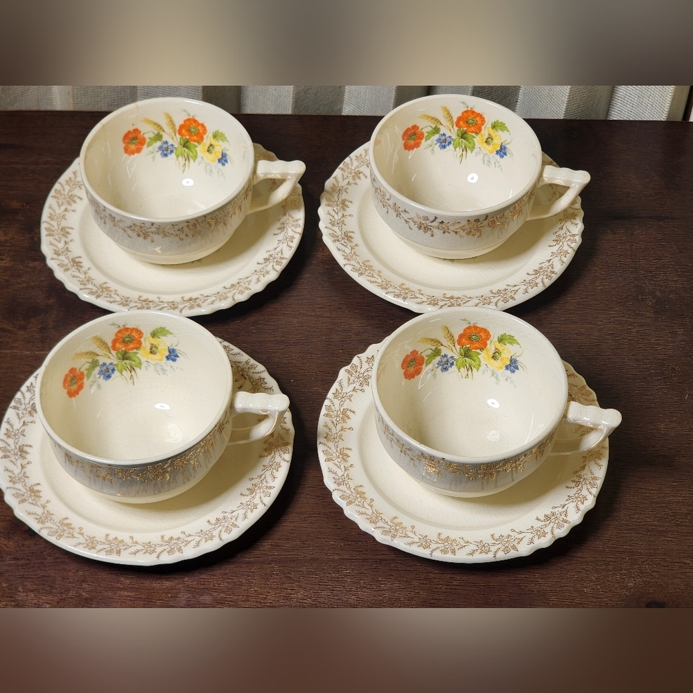 French And Saxon 22kt Gold Floral *Poppy* Cream Tea Cup and Saucer Set